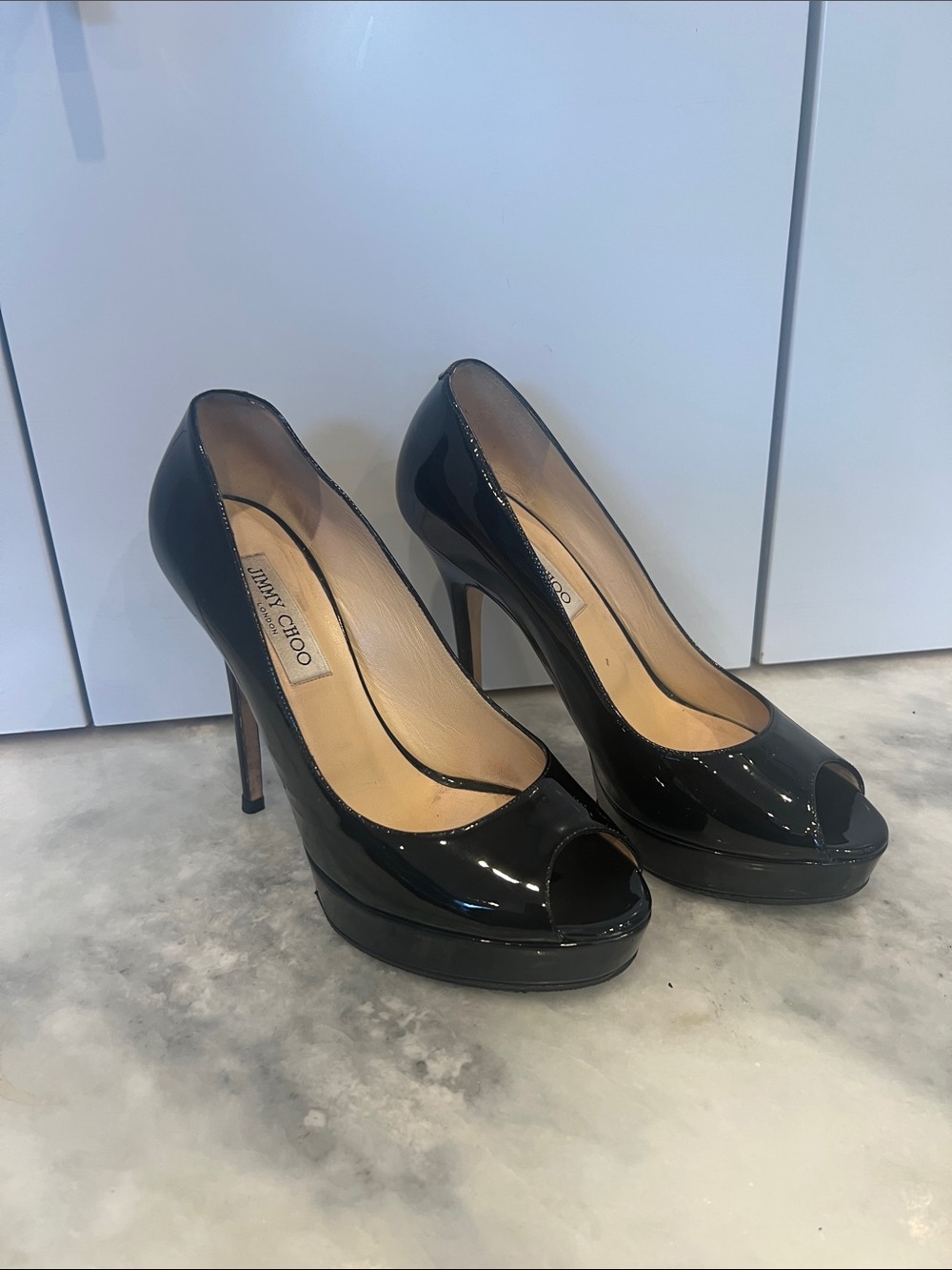 Jimmy Choo Black Patent Peep-Toe Platform Heels